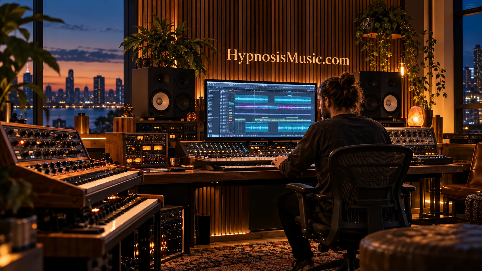 Warm walnut recording studio with professional instruments and mixing equipment
